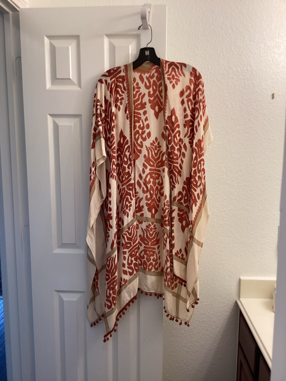 Cream and Rust Red Patterned Pom-Pom Kimono